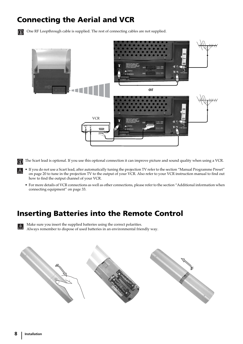 Connecting the aerial and vcr, Inserting batteries into the remote control | Sony KP-44DX2 User Manual | Page 8 / 40