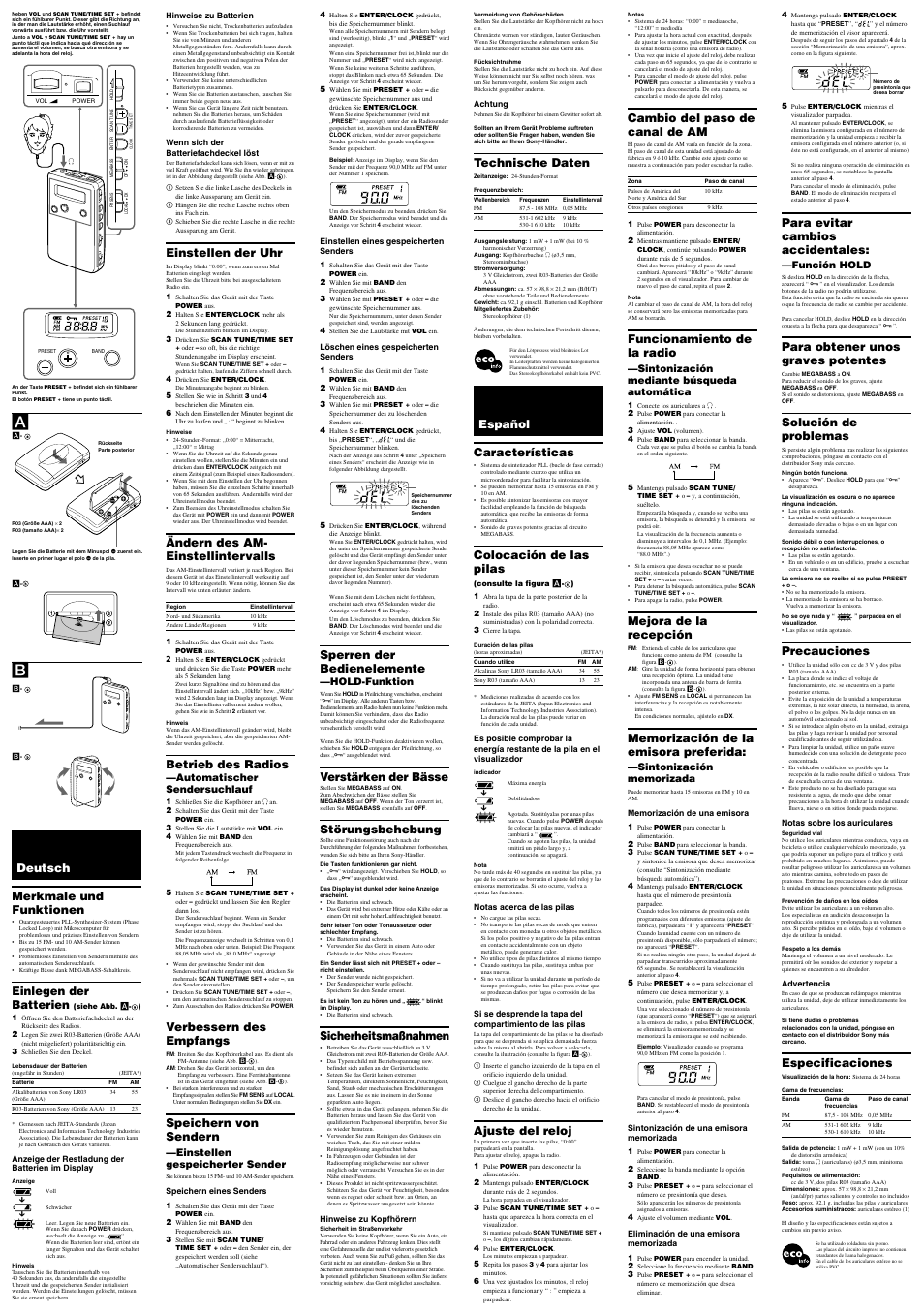 Español características, Colocación de las pilas, Ajuste del reloj | Cambio del paso de canal de am, Funcionamiento de la radio, Mejora de la recepción, Para evitar cambios accidentales, Para obtener unos graves potentes, Solución de problemas, Precauciones | Sony SRF-M607 User Manual | Page 2 / 2