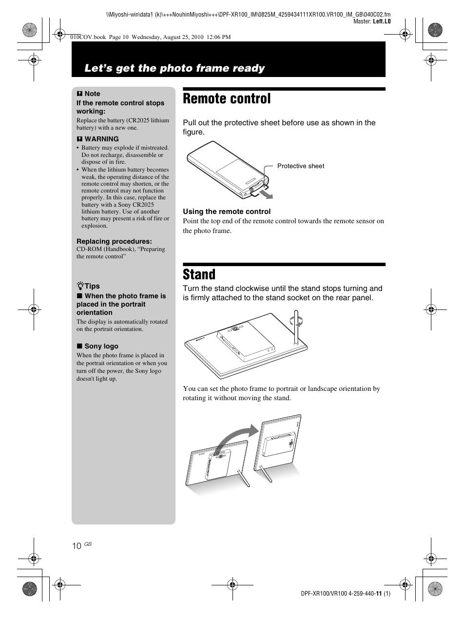 Remote control, Stand, Let’s get the photo frame ready | Sony DPF-VR100 User Manual | Page 10 / 40