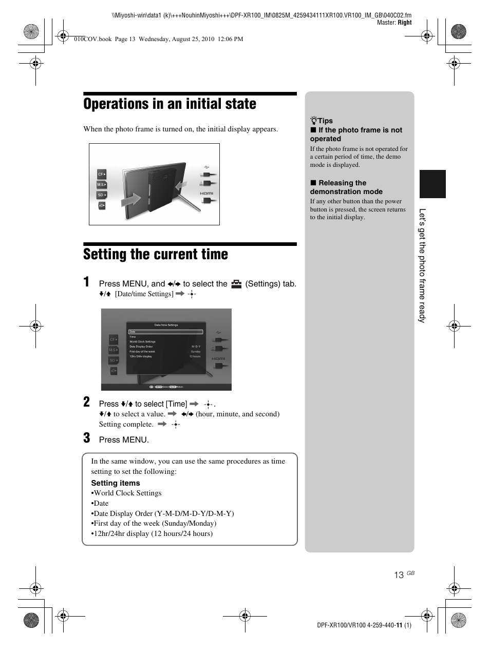 Operations in an initial state, Setting the current time | Sony DPF-VR100 User Manual | Page 13 / 40