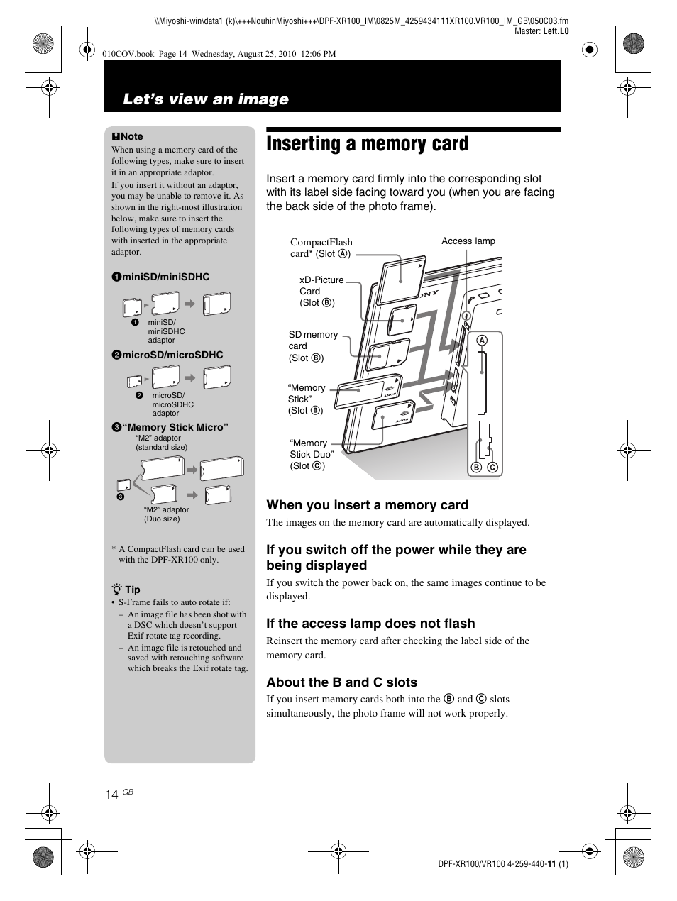 Let’s view an image, If the access lamp does not flash, About the b and c slots | Sony DPF-VR100 User Manual | Page 14 / 40