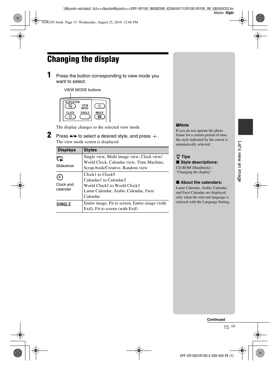 Changing the display | Sony DPF-VR100 User Manual | Page 15 / 40