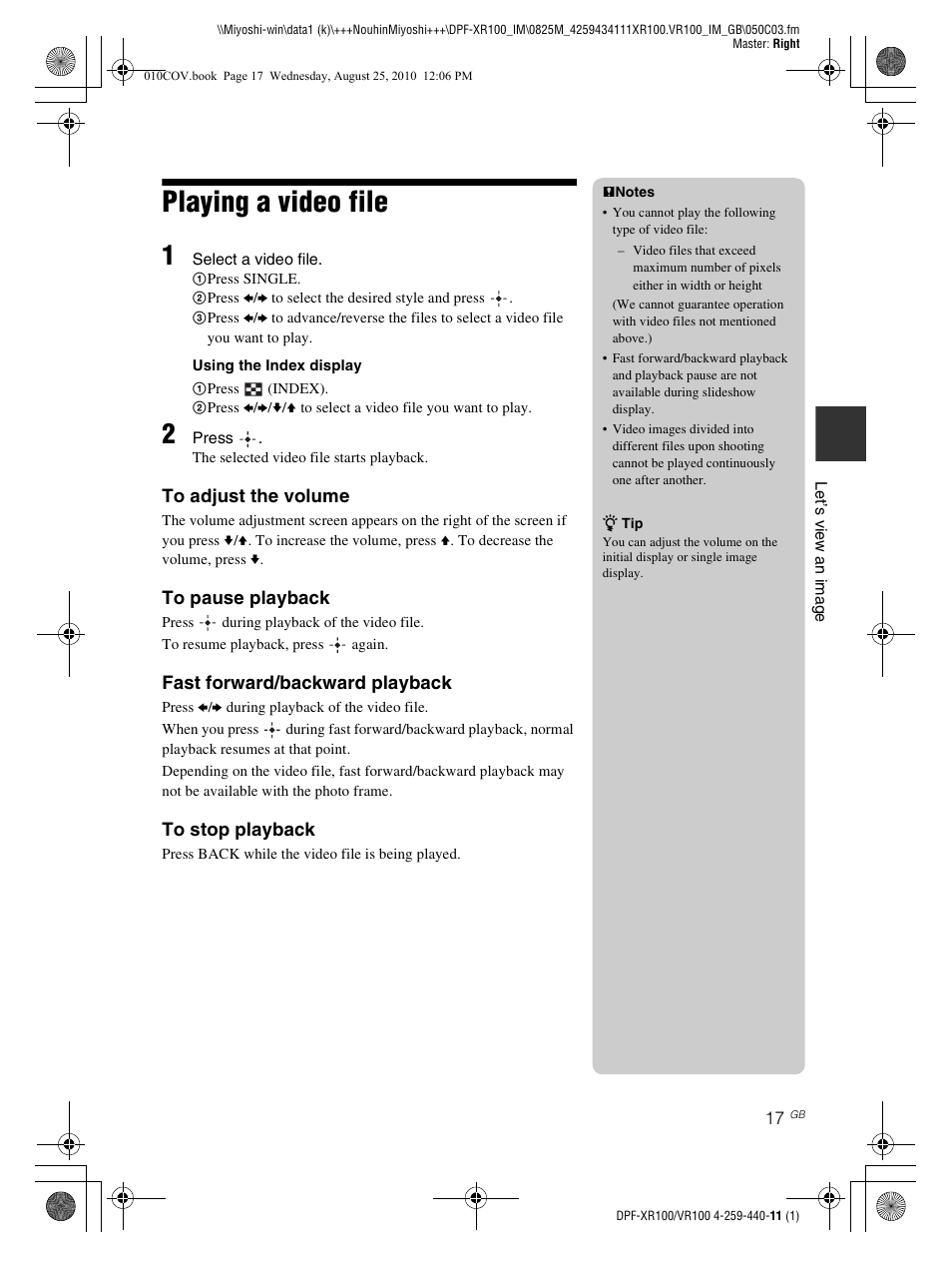 Playing a video file | Sony DPF-VR100 User Manual | Page 17 / 40