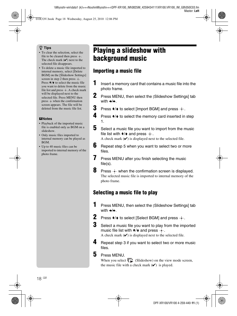 Playing a slideshow with background music, Importing a music file, Selecting a music file to play | Sony DPF-VR100 User Manual | Page 18 / 40