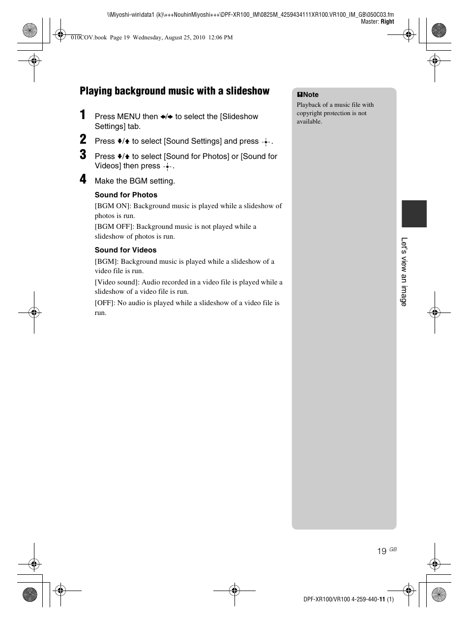 Playing background music with a slideshow | Sony DPF-VR100 User Manual | Page 19 / 40