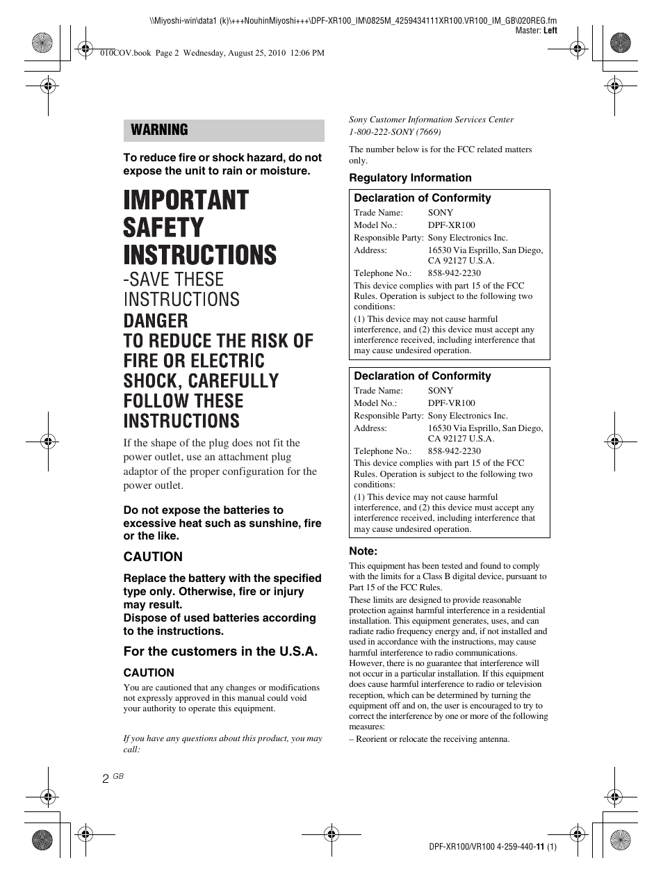 Warning, Caution, For the customers in the u.s.a | Sony DPF-VR100 User Manual | Page 2 / 40