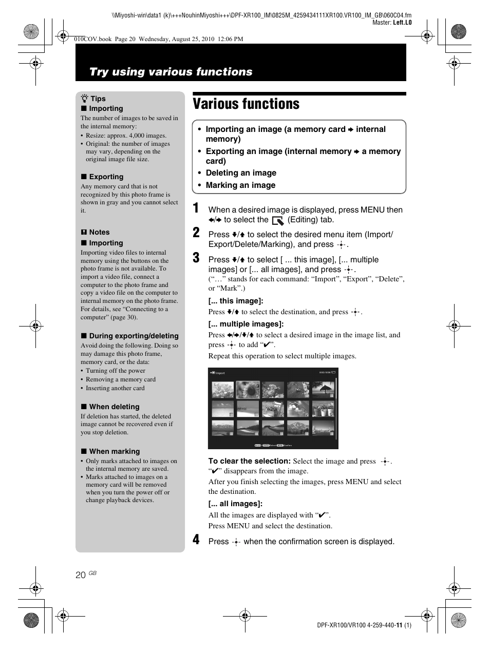 Various functions, Try using various functions | Sony DPF-VR100 User Manual | Page 20 / 40