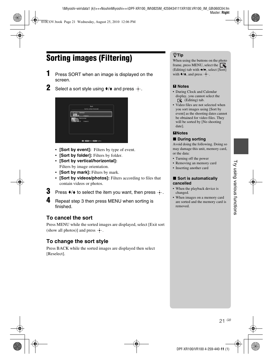 Sorting images (filtering) | Sony DPF-VR100 User Manual | Page 21 / 40