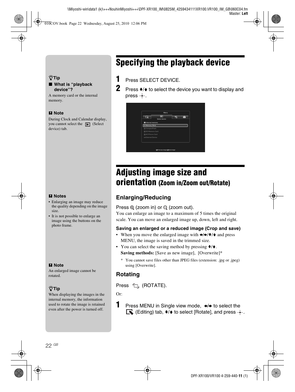 Specifying the playback device, Adjusting image size and orientation, Zoom in/zoom out/rotate) | Sony DPF-VR100 User Manual | Page 22 / 40