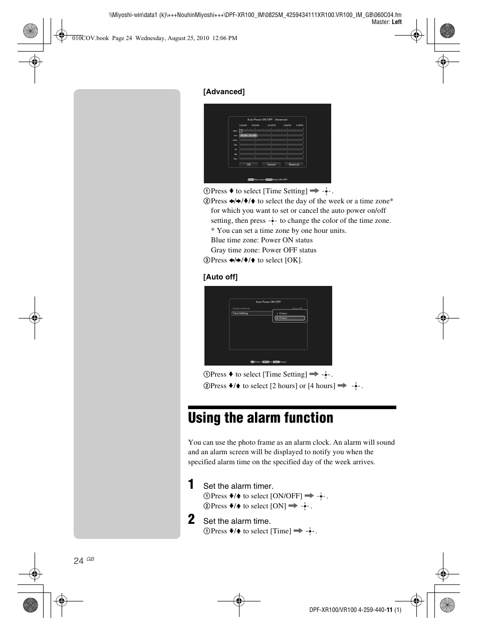 Using the alarm function | Sony DPF-VR100 User Manual | Page 24 / 40