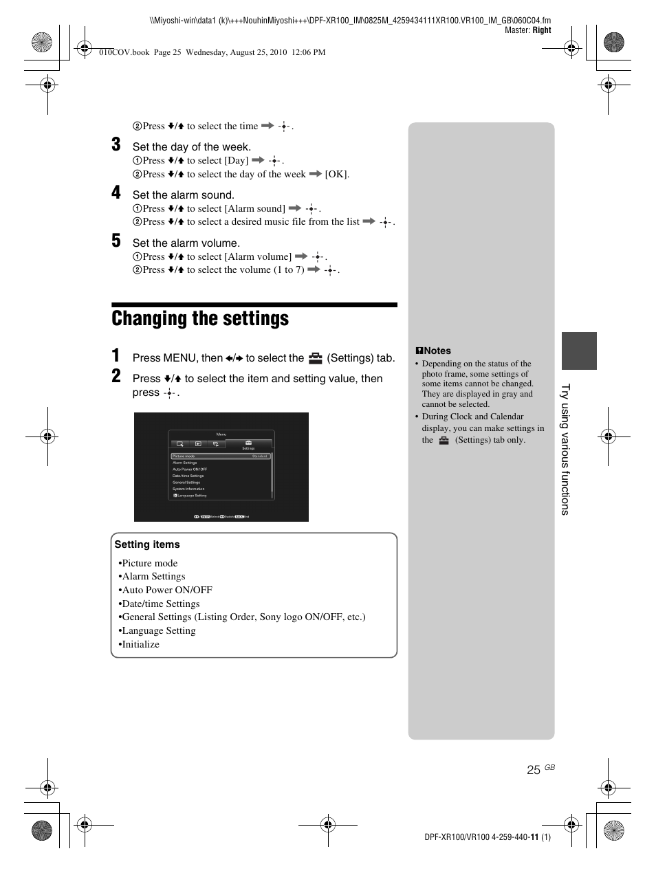 Changing the settings | Sony DPF-VR100 User Manual | Page 25 / 40