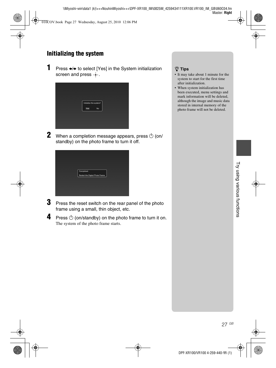 Initializing the system | Sony DPF-VR100 User Manual | Page 27 / 40