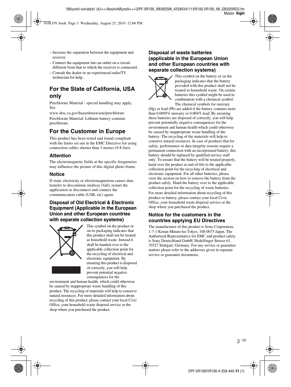 For the state of california, usa only, For the customer in europe | Sony DPF-VR100 User Manual | Page 3 / 40