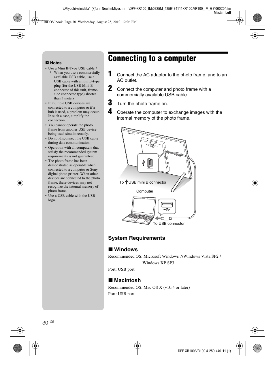 Connecting to a computer | Sony DPF-VR100 User Manual | Page 30 / 40