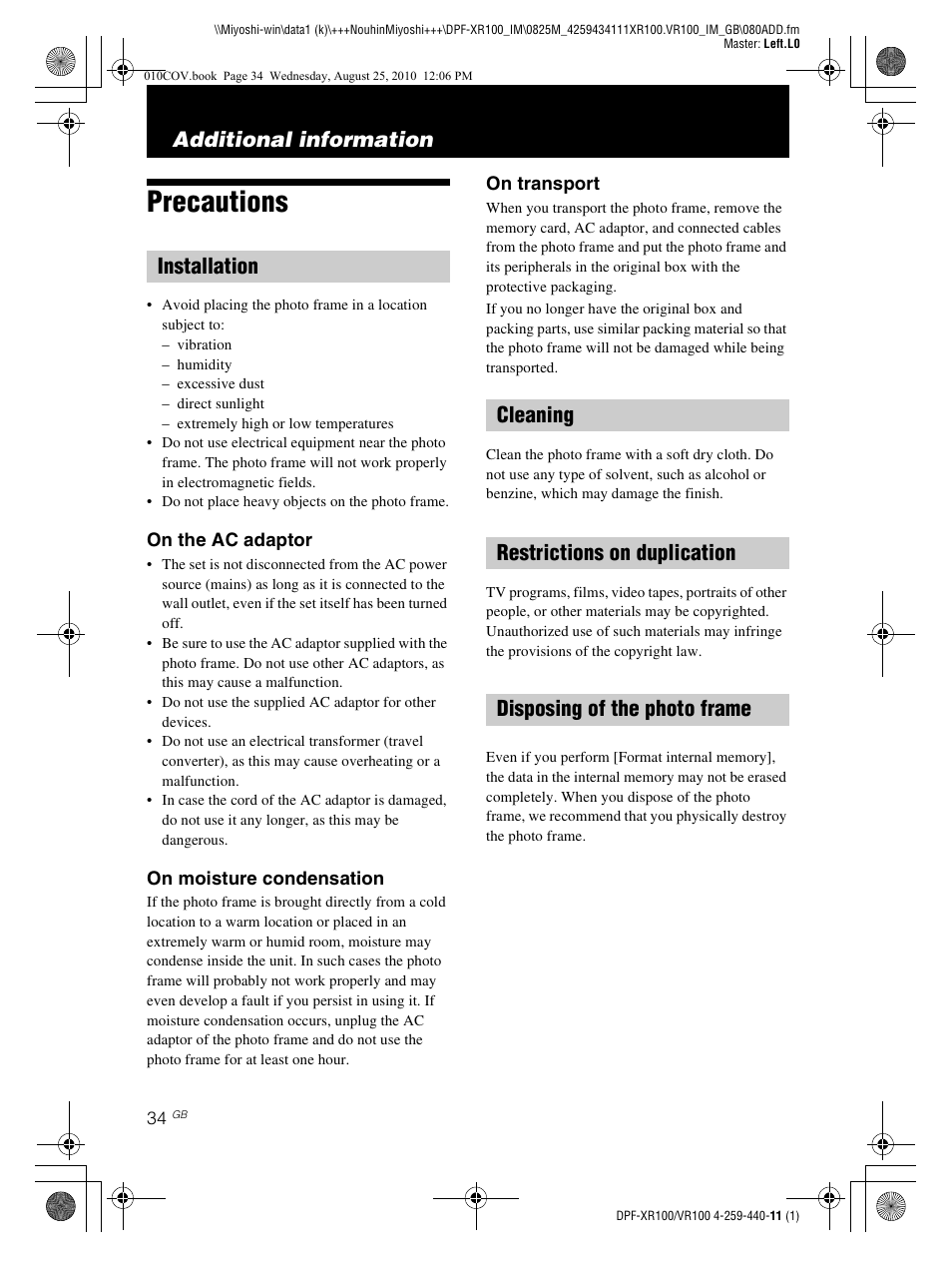 Precautions, Additional information | Sony DPF-VR100 User Manual | Page 34 / 40