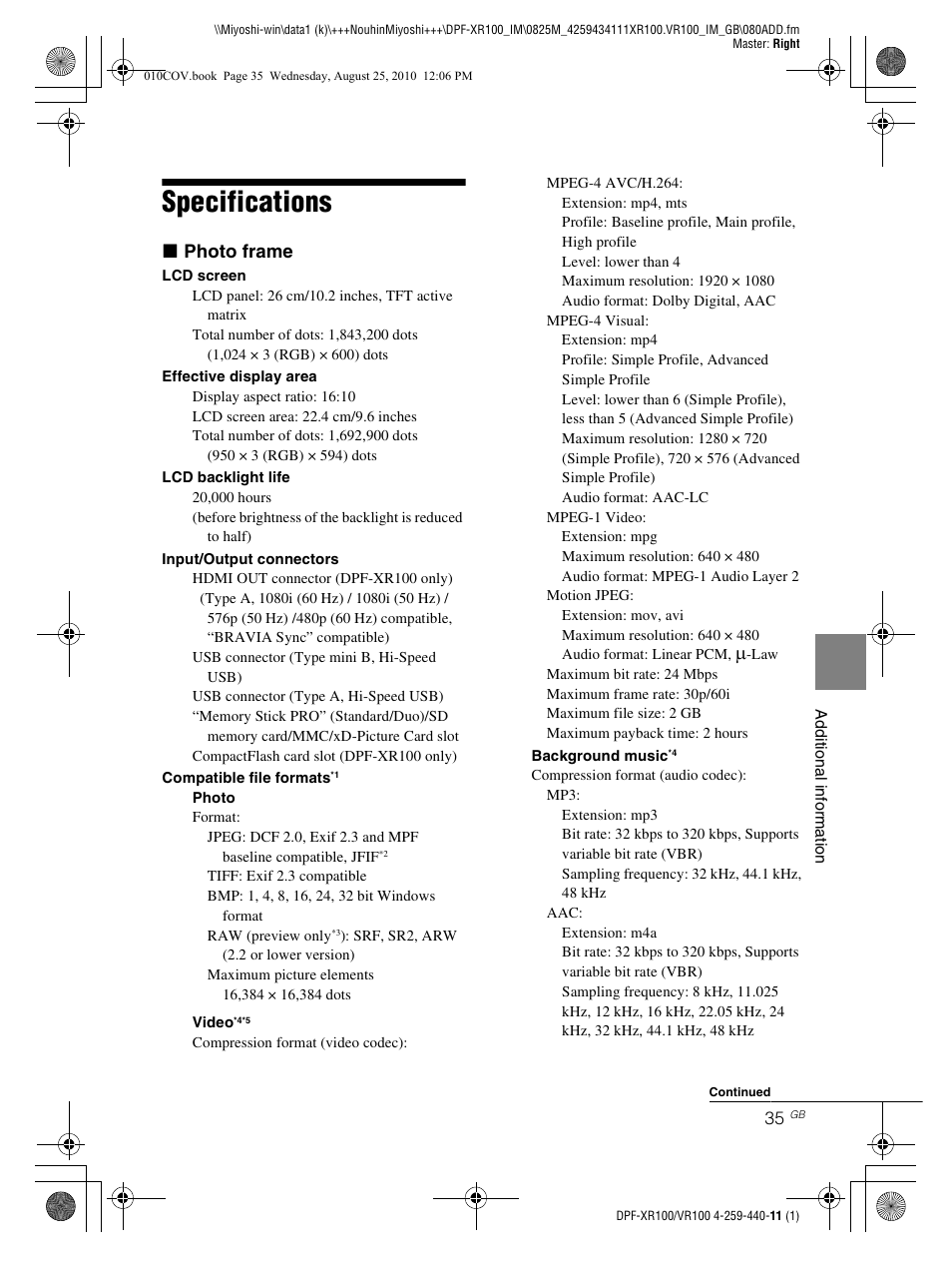 Specifications | Sony DPF-VR100 User Manual | Page 35 / 40