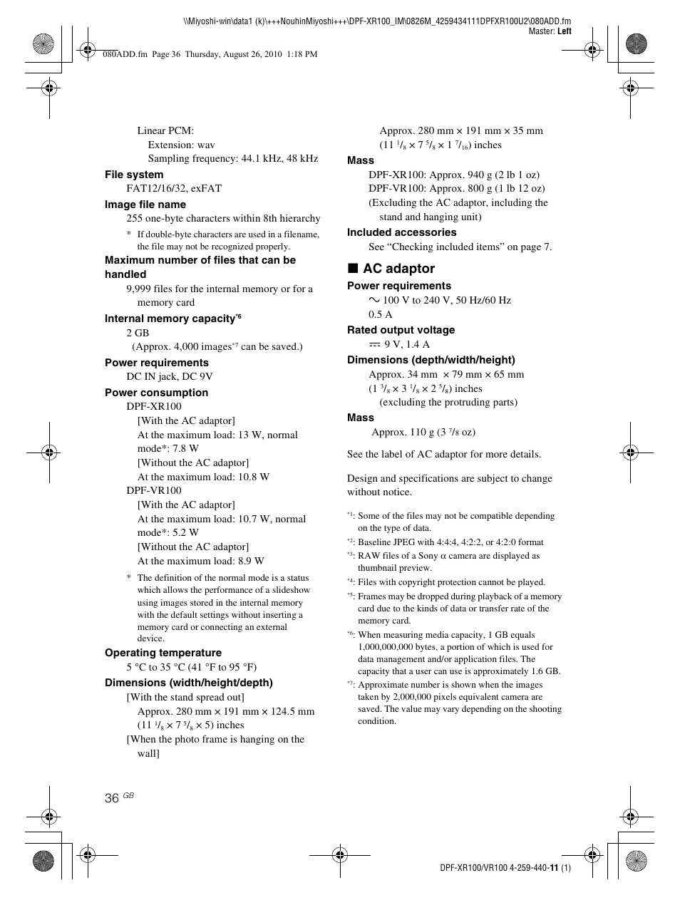 X ac adaptor | Sony DPF-VR100 User Manual | Page 36 / 40