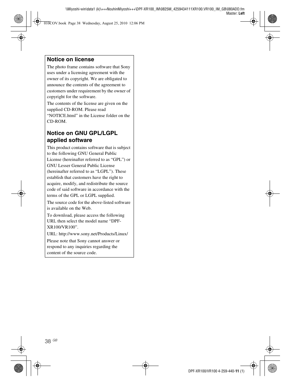 Notice on license, Notice on gnu gpl/lgpl applied software | Sony DPF-VR100 User Manual | Page 38 / 40