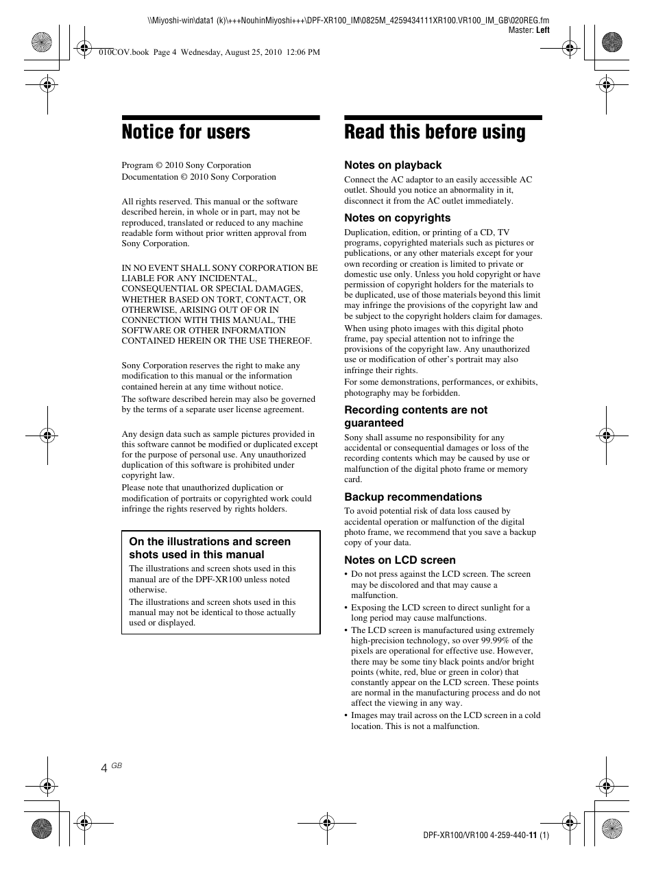 Notice for users, Read this before using | Sony DPF-VR100 User Manual | Page 4 / 40