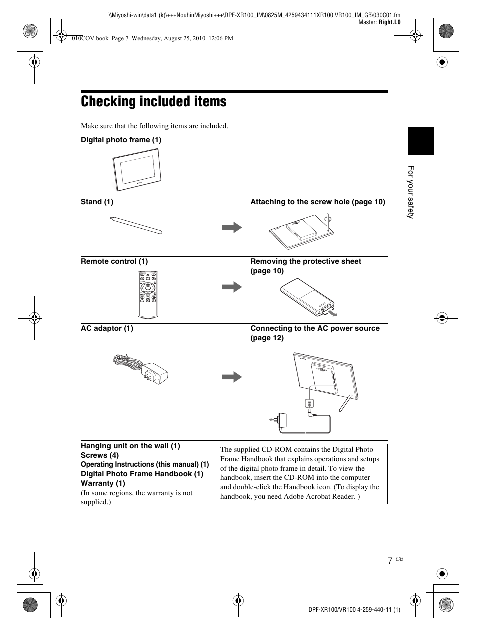 Checking included items, For your safety for your safety, For your safety | Sony DPF-VR100 User Manual | Page 7 / 40