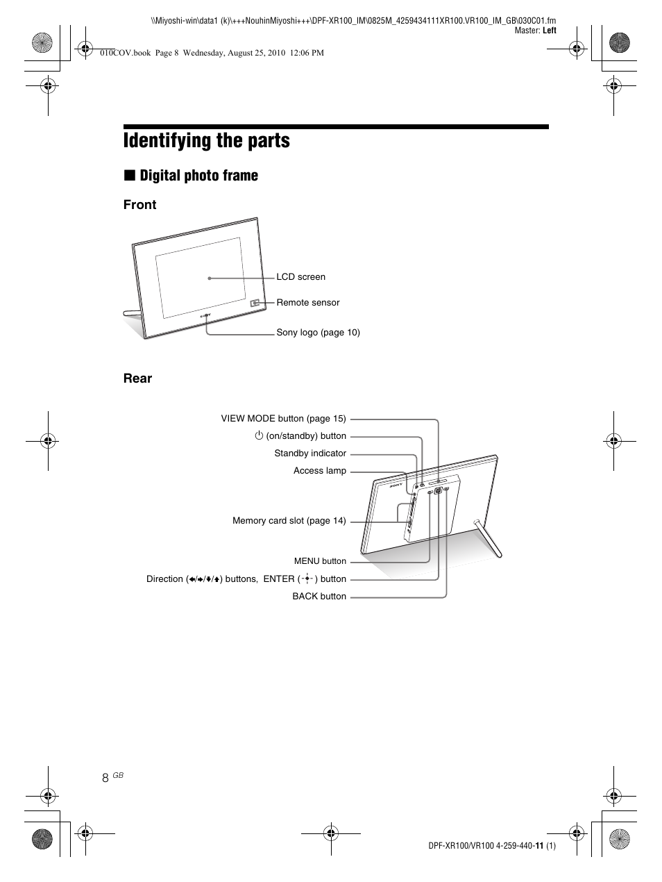 Identifying the parts, Xdigital photo frame, Front rear | Sony DPF-VR100 User Manual | Page 8 / 40