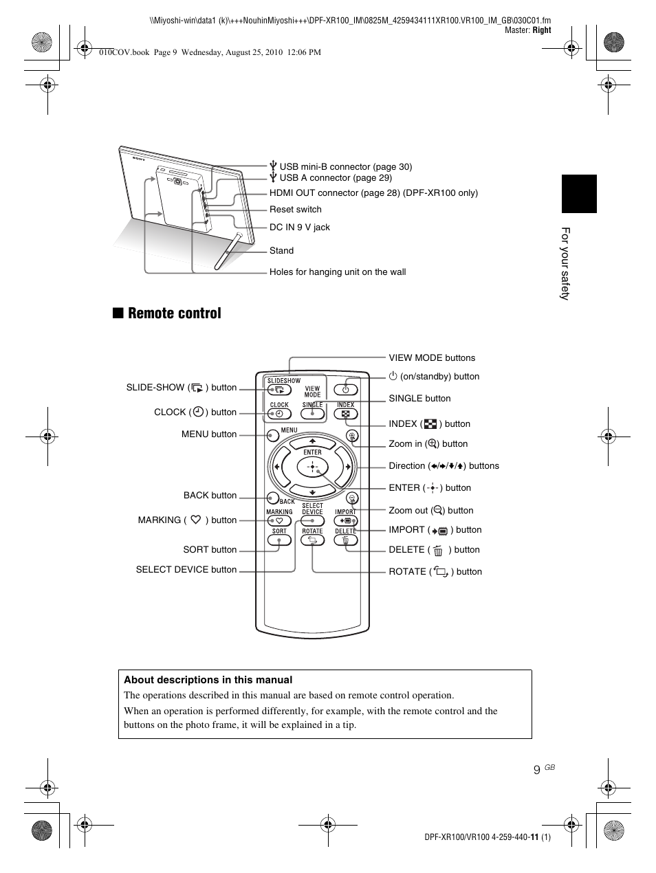 Xremote control | Sony DPF-VR100 User Manual | Page 9 / 40