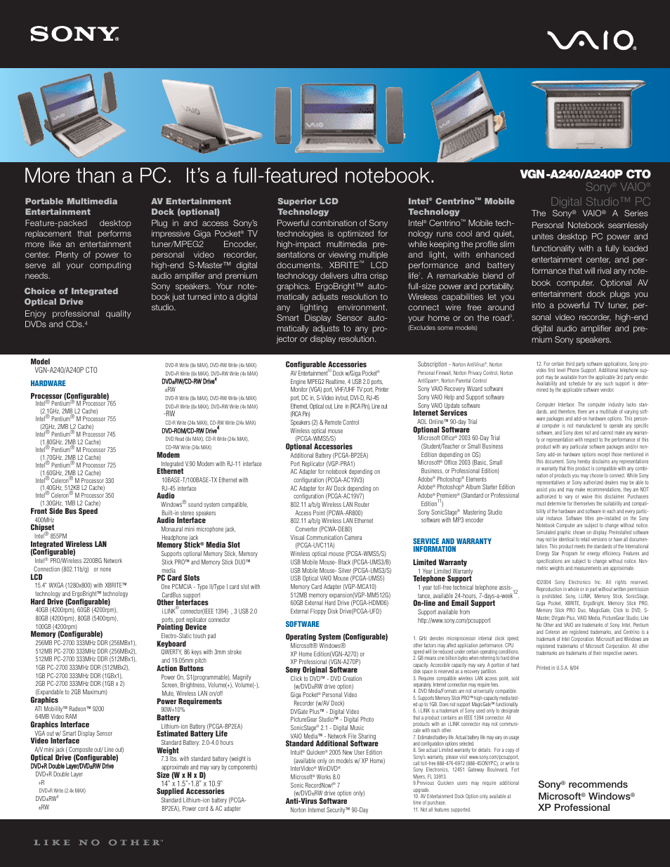 Sony A240P CTO User Manual | 1 page