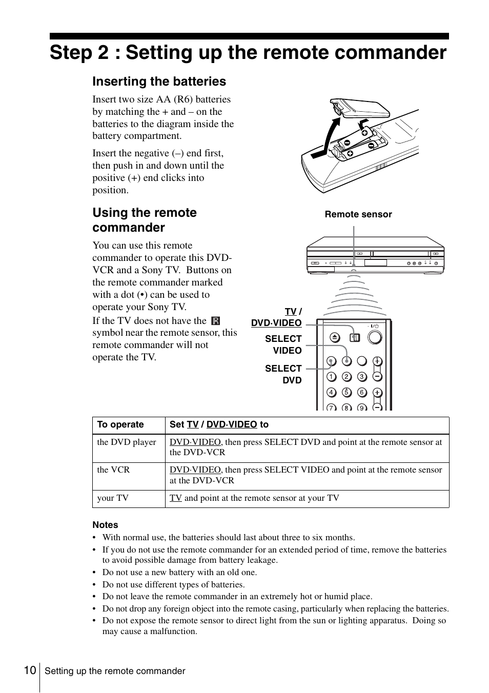 Step 2 : setting up the remote commander, 10 step, Inserting the batteries | Using the remote commander | Sony SLV-D980P User Manual | Page 10 / 124