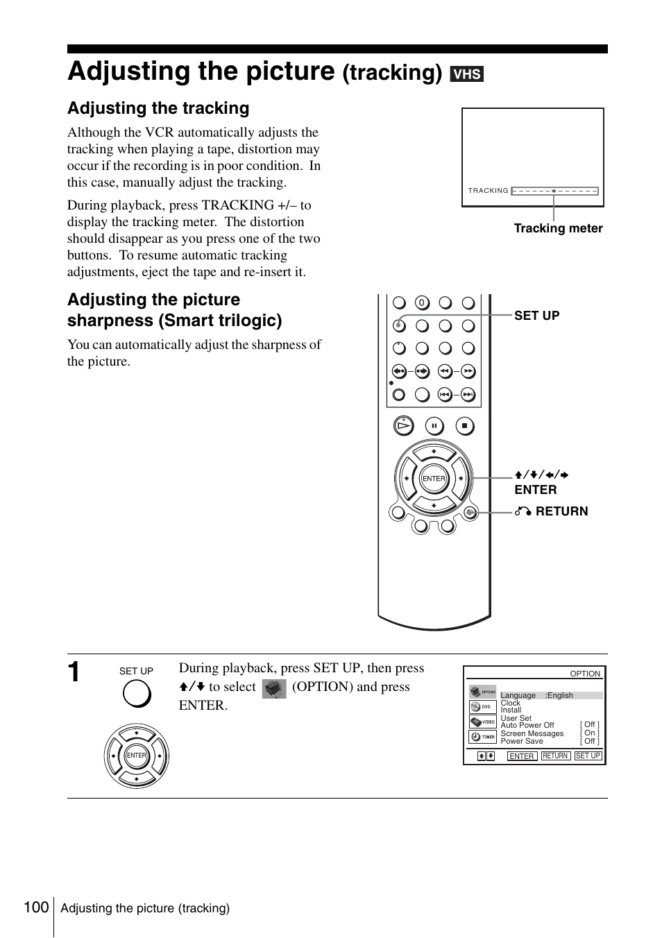 Adjusting the picture (tracking), 100 ad, Adjusting the picture | Tracking), Adjusting the tracking, Adjusting the picture sharpness (smart trilogic) | Sony SLV-D980P User Manual | Page 100 / 124