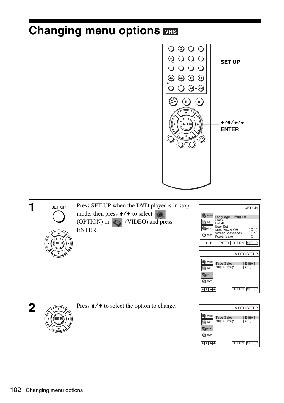 Changing menu options, 102 c, Press v/v to select the option to change | Sony SLV-D980P User Manual | Page 102 / 124