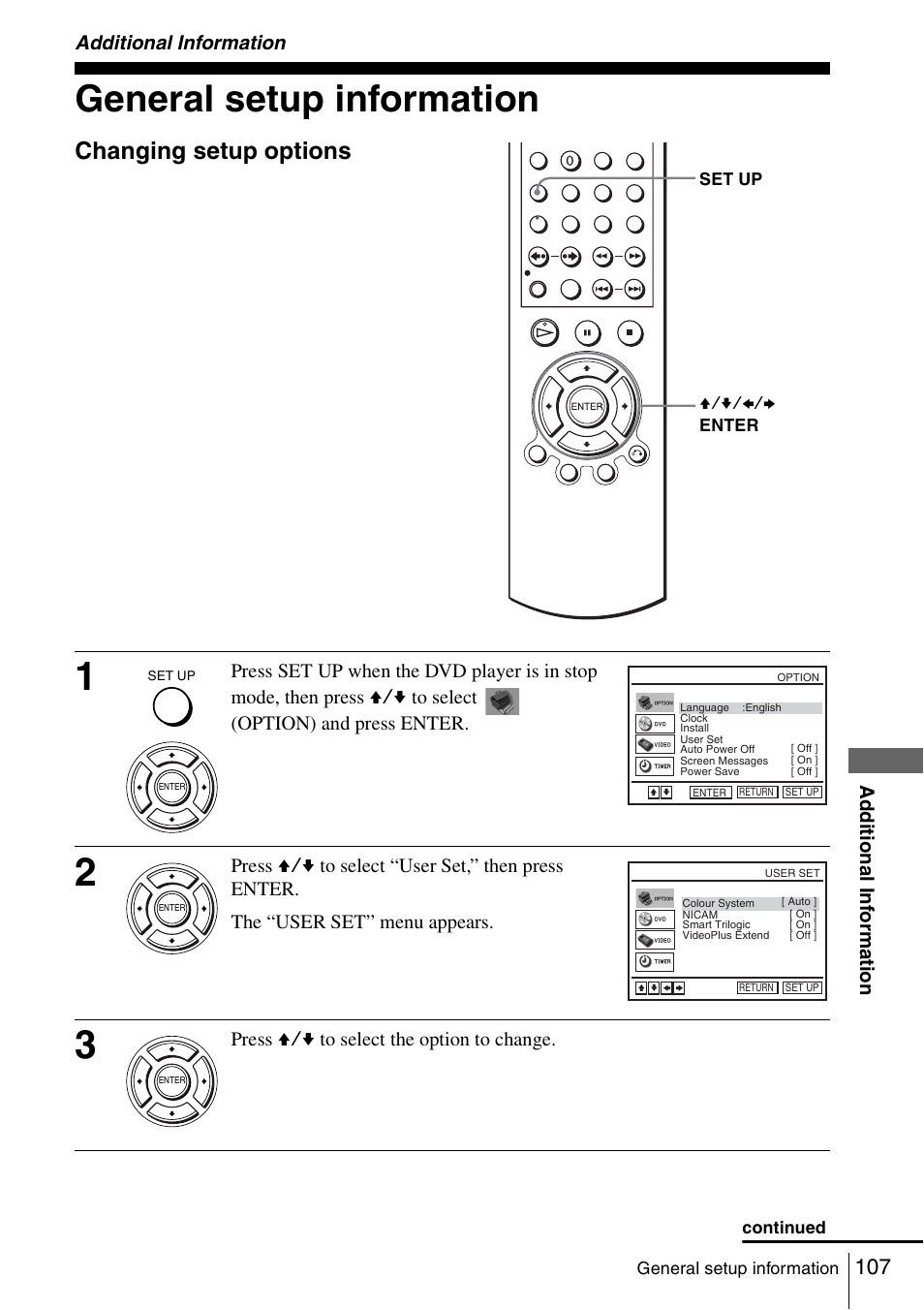 Additional information, General setup information, 107 gen | Changing setup options, Press v/v to select the option to change | Sony SLV-D980P User Manual | Page 107 / 124