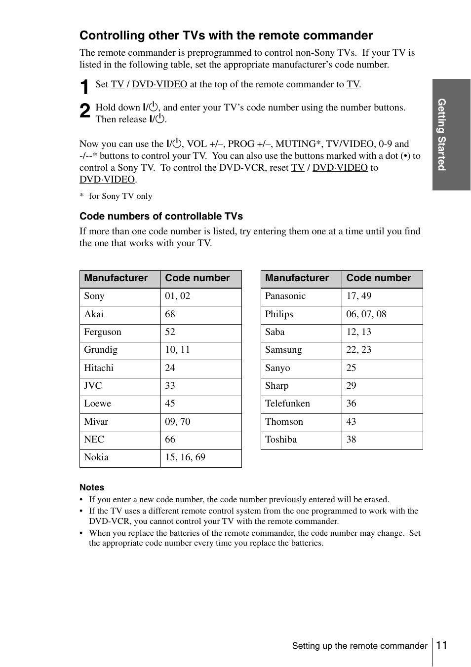 Controlling other tvs with the remote commander | Sony SLV-D980P User Manual | Page 11 / 124