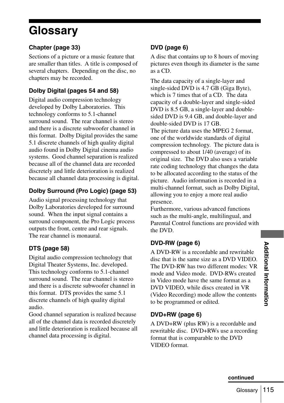 Glossary, 115 glo | Sony SLV-D980P User Manual | Page 115 / 124