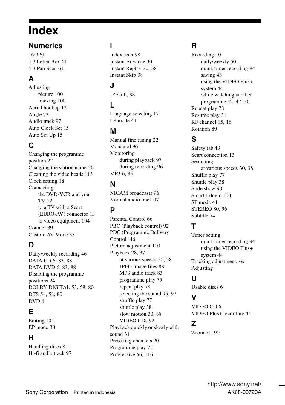 Index, 124 ind, Numerics | Sony SLV-D980P User Manual | Page 124 / 124