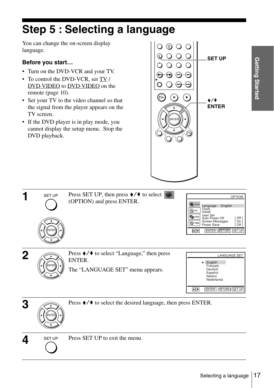 Step 5 : selecting a language, 17 step | Sony SLV-D980P User Manual | Page 17 / 124