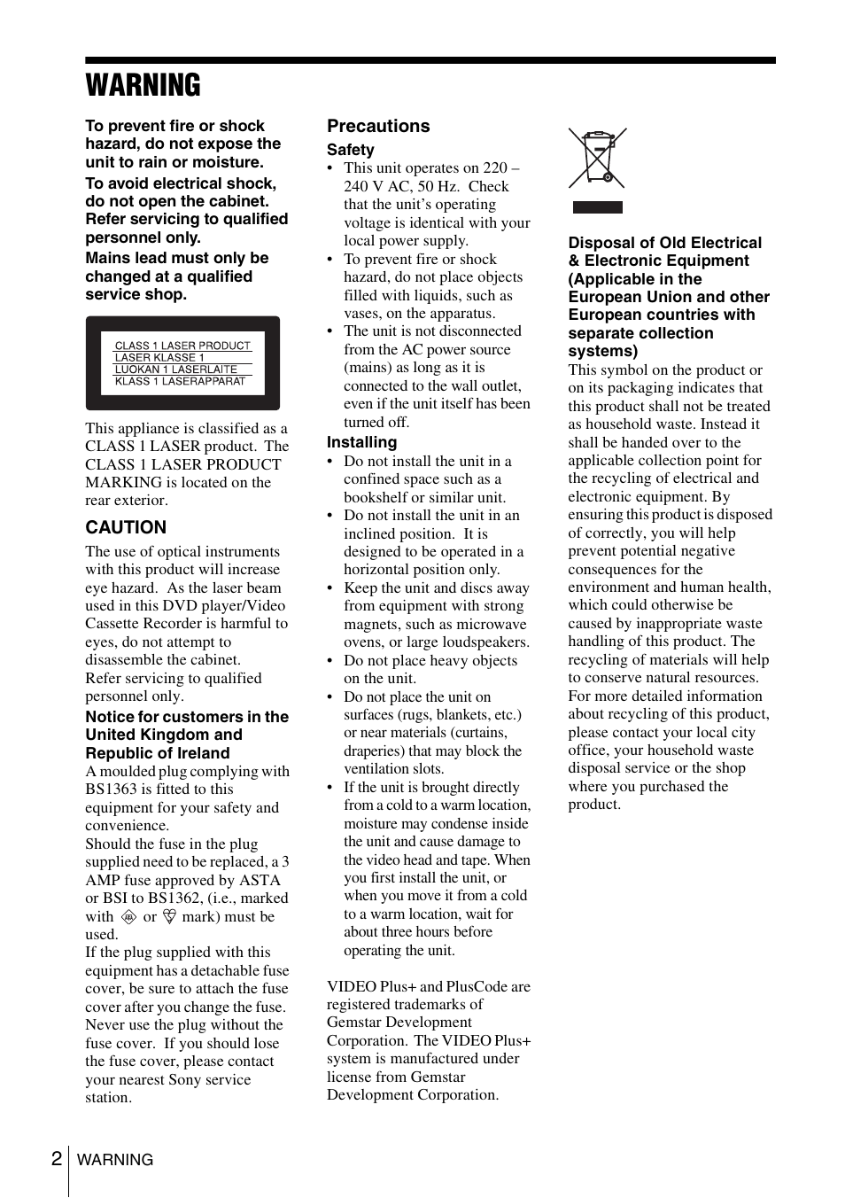 Warning | Sony SLV-D980P User Manual | Page 2 / 124