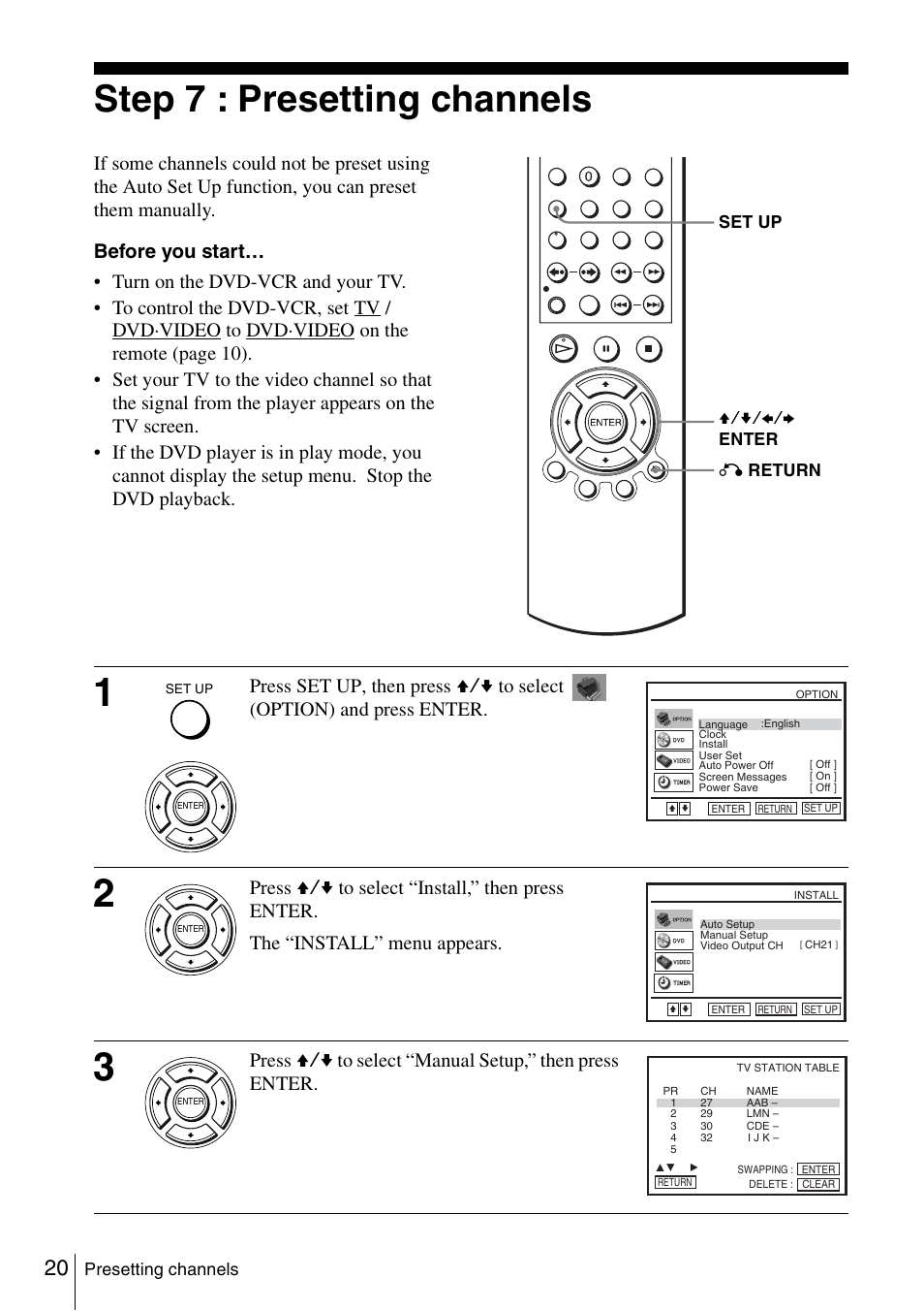 Step 7 : presetting channels, 20 step | Sony SLV-D980P User Manual | Page 20 / 124