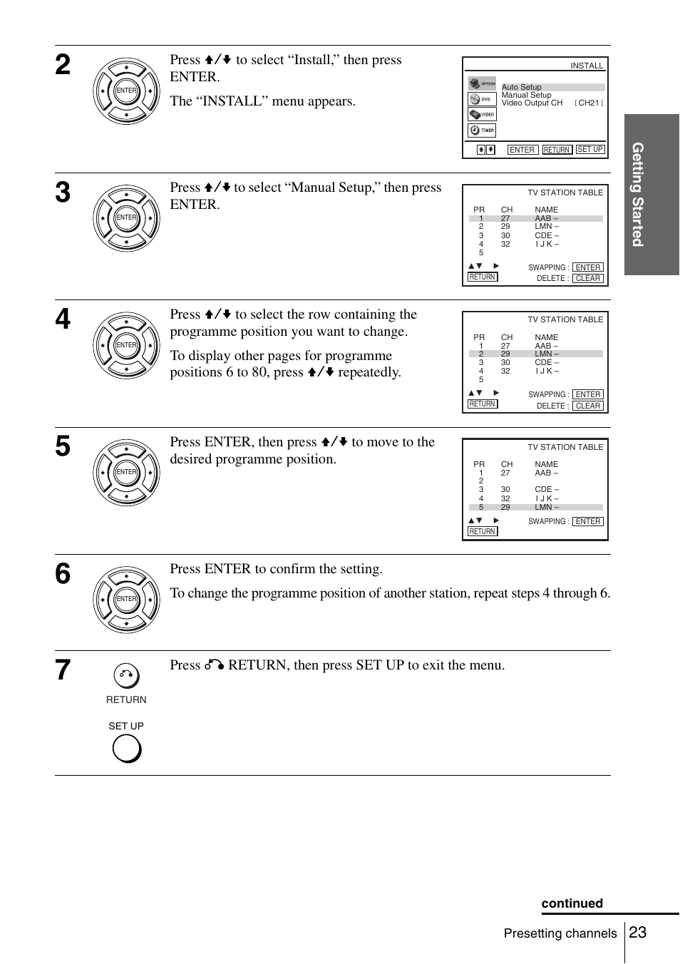 Getti ng sta rted, Press o return, then press set up to exit the menu | Sony SLV-D980P User Manual | Page 23 / 124