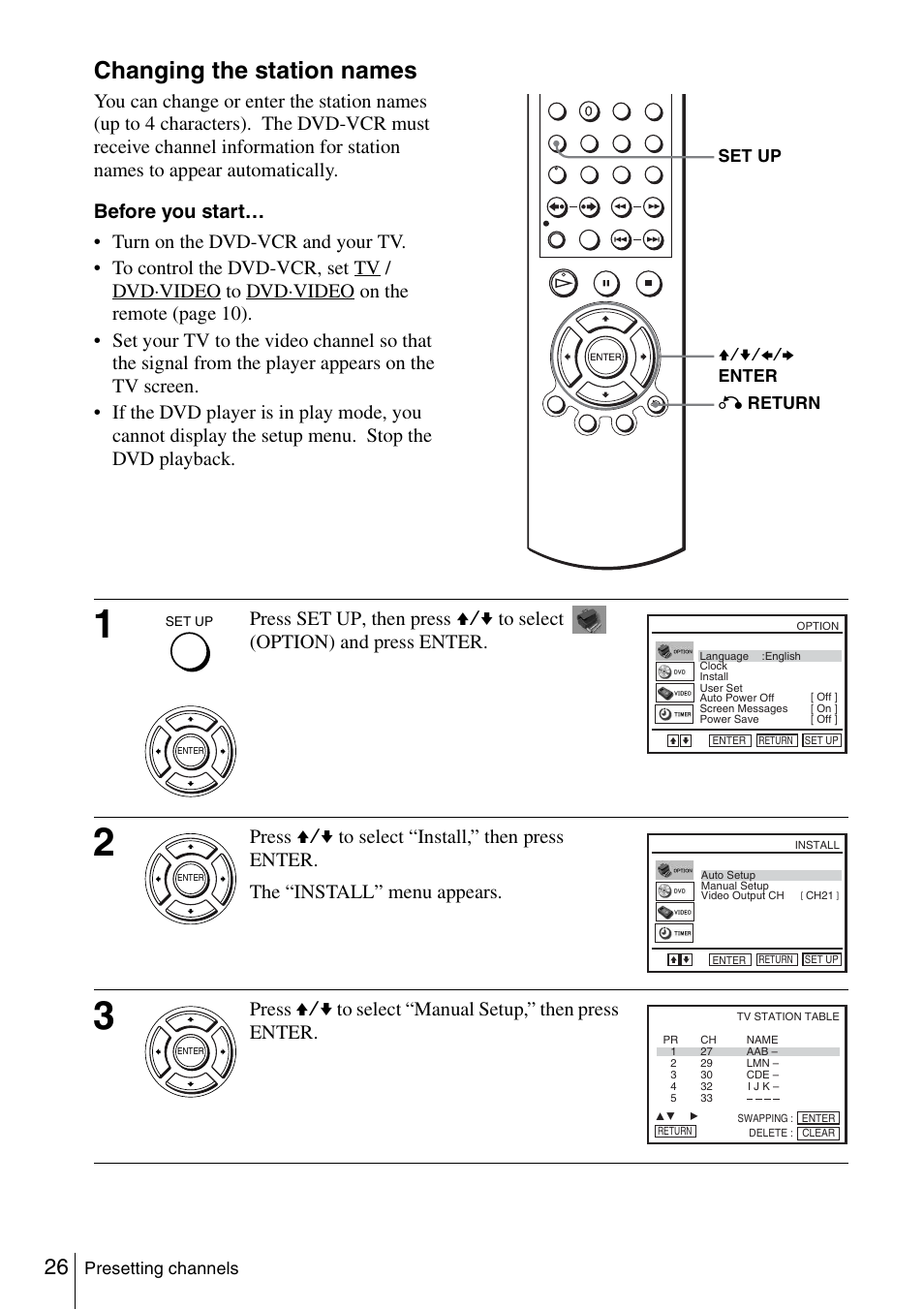 Changing the station names | Sony SLV-D980P User Manual | Page 26 / 124