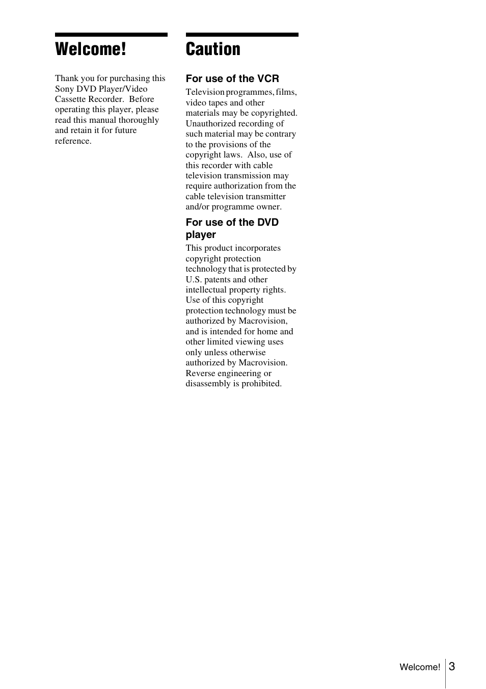 Welcome, Caution | Sony SLV-D980P User Manual | Page 3 / 124