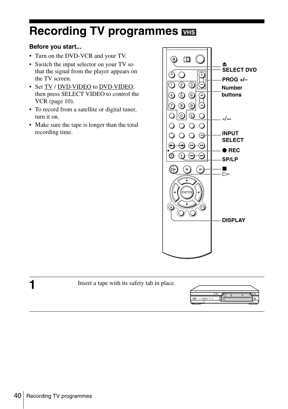 Recording tv programmes, 40 r | Sony SLV-D980P User Manual | Page 40 / 124