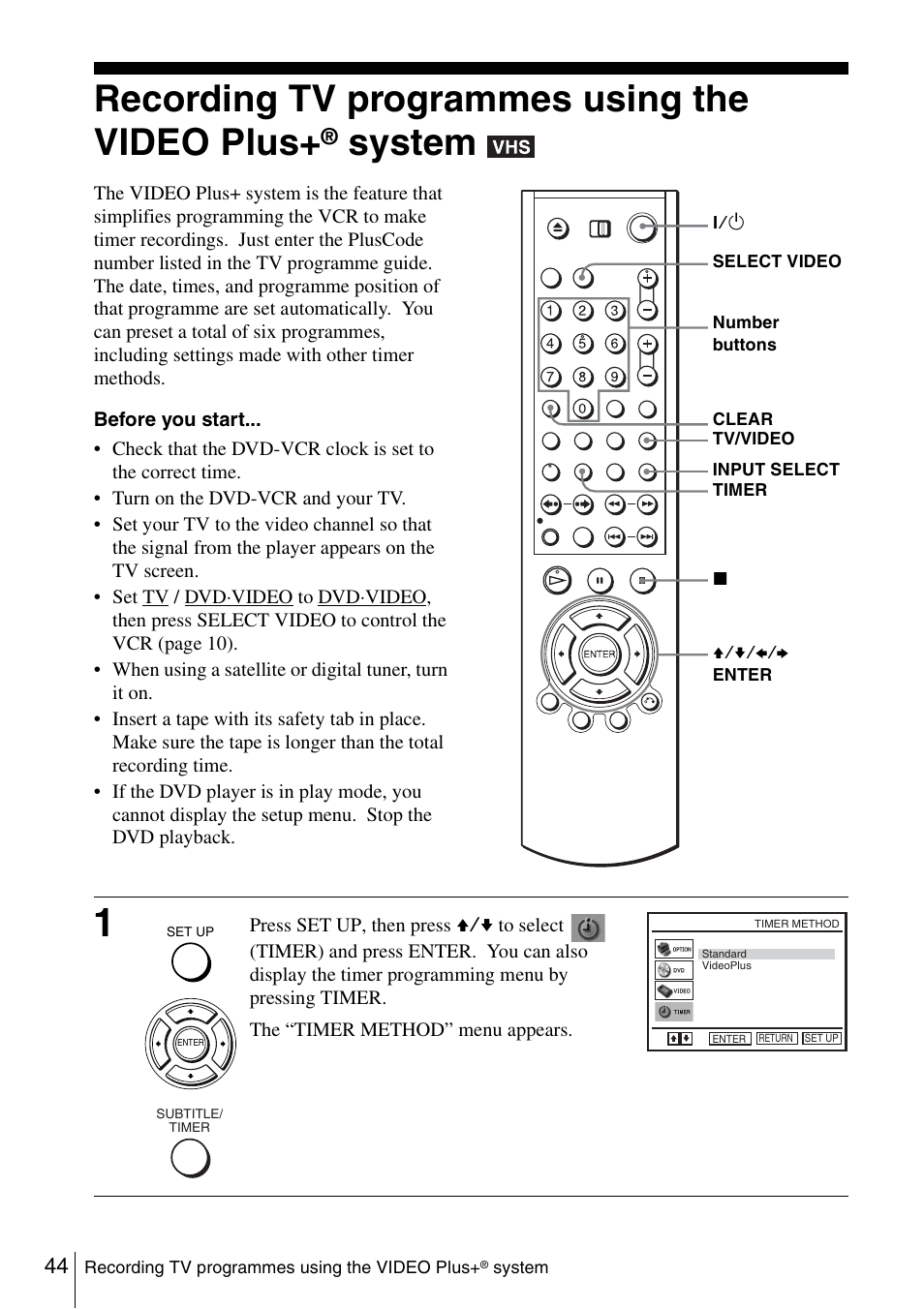 44 re, Recording tv programmes using the video plus, System | Sony SLV-D980P User Manual | Page 44 / 124