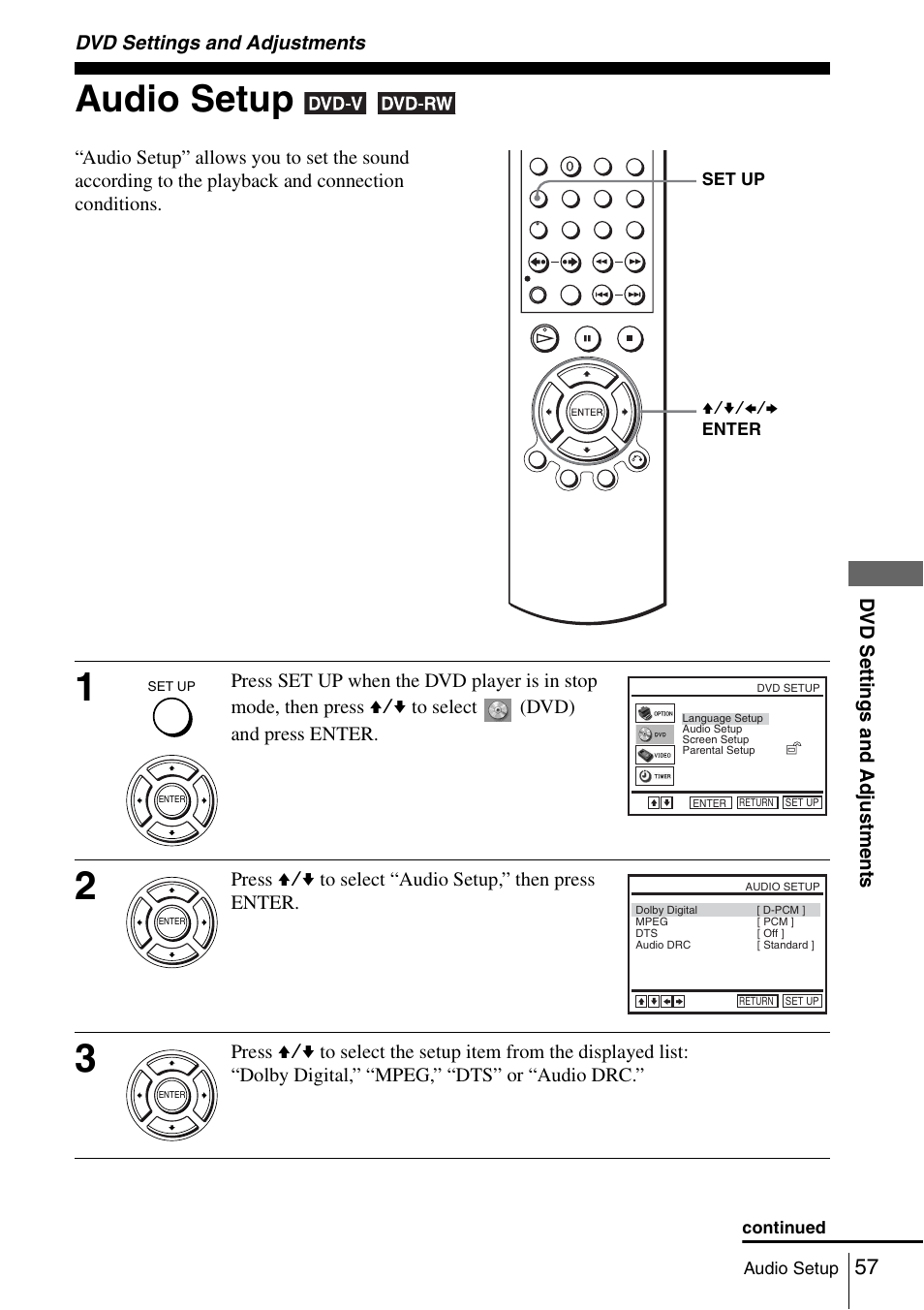 Dvd settings and adjustments, Audio setup, 57 a | Sony SLV-D980P User Manual | Page 57 / 124