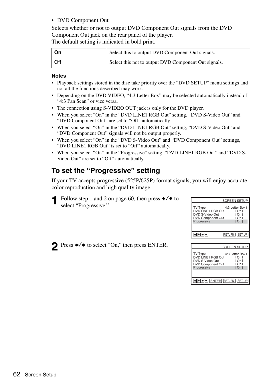 Press b/b to select “on,” then press enter, Screen setup | Sony SLV-D980P User Manual | Page 62 / 124