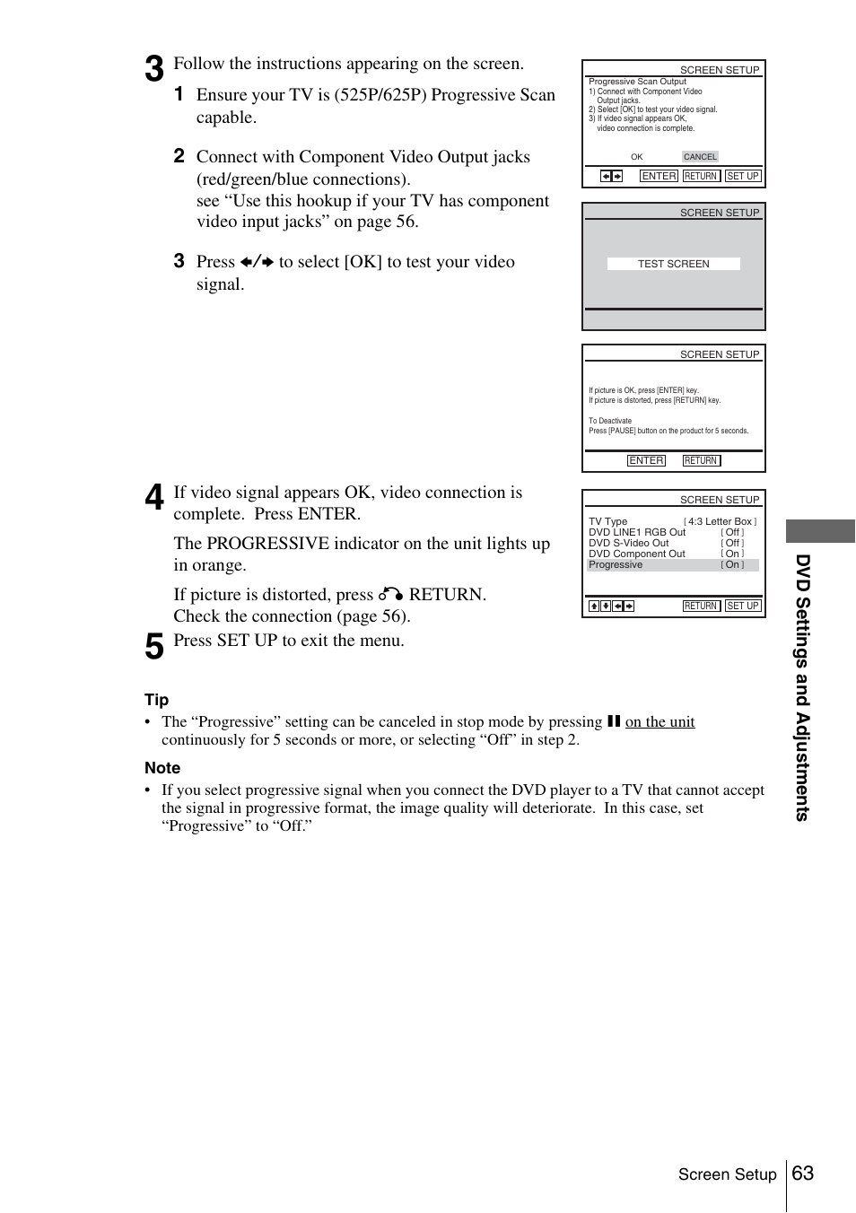 Dv d se ttings and adjus tme nts, Follow the instructions appearing on the screen, Press b/b to select [ok] to test your video signal | Press set up to exit the menu | Sony SLV-D980P User Manual | Page 63 / 124