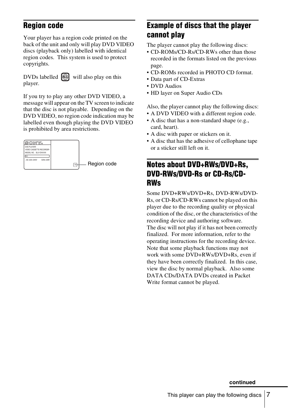 Region code, Example of discs that the player cannot play | Sony SLV-D980P User Manual | Page 7 / 124