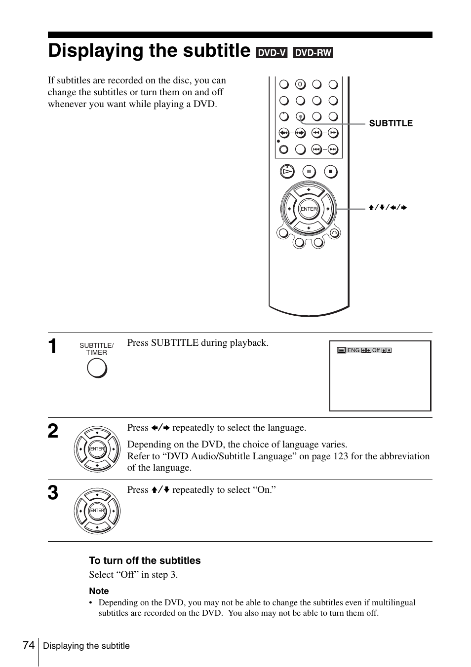 Displaying the subtitle, 74 dis | Sony SLV-D980P User Manual | Page 74 / 124
