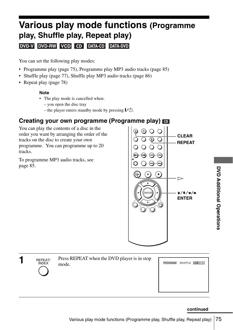 75 v, Various play mode functions, Programme play, shuffle play, repeat play) | Sony SLV-D980P User Manual | Page 75 / 124