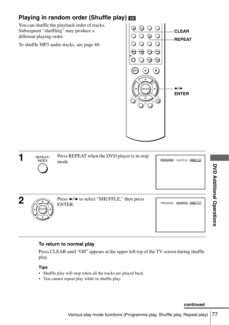 Playing in random order (shuffle play) | Sony SLV-D980P User Manual | Page 77 / 124