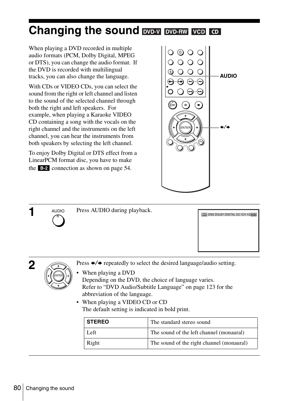 Changing the sound, 80 ch | Sony SLV-D980P User Manual | Page 80 / 124